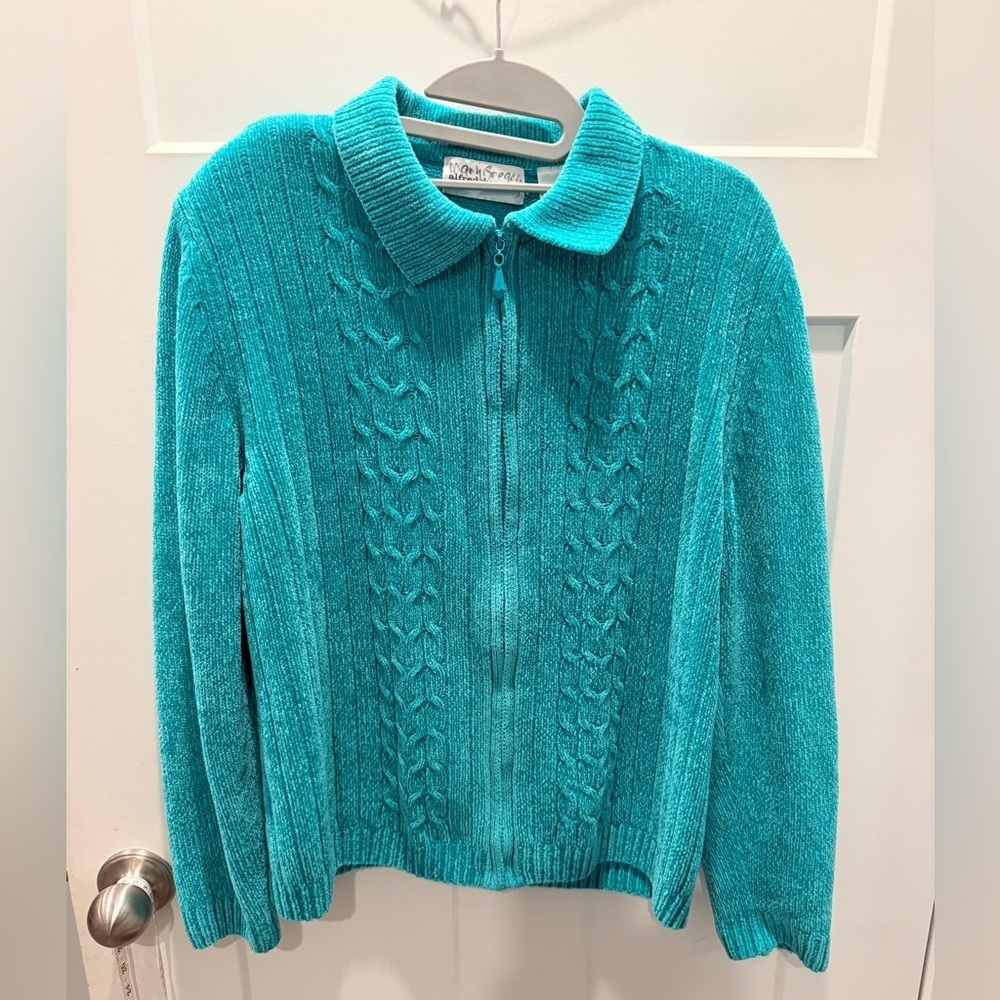 Alfred Dunner Teal Cable Knit Zip-Up Sweater Women’s Medium